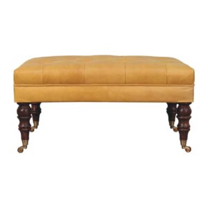 Honey Caramel Buffalo Tan Leather Ottoman with Castor Legs
