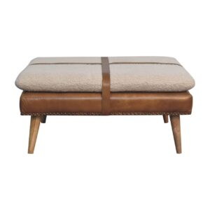 Large Square Bouclé Buffalo Hide Brown Leather Footstool