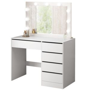 LED Makeup Vanity Table with Mirror 100 cm – White Dressing Table with Drawers