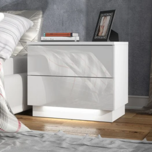 White Nightstand Gloss Front LED – Modern Bedside Table Handleless Tip-On Cabinet – Minimalist Bedroom Furniture